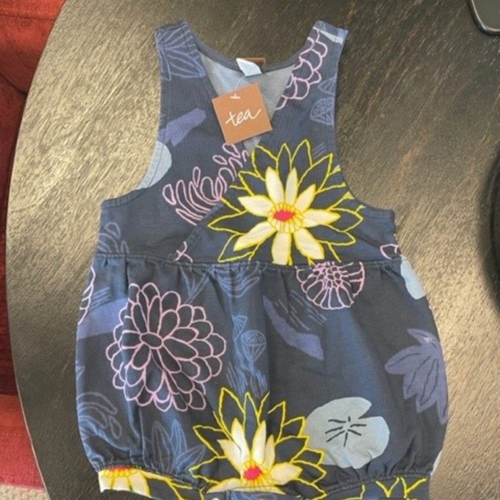 NWT Tea Collection Shortall Romper Lilypad Indigo Printed size 18-24 mos